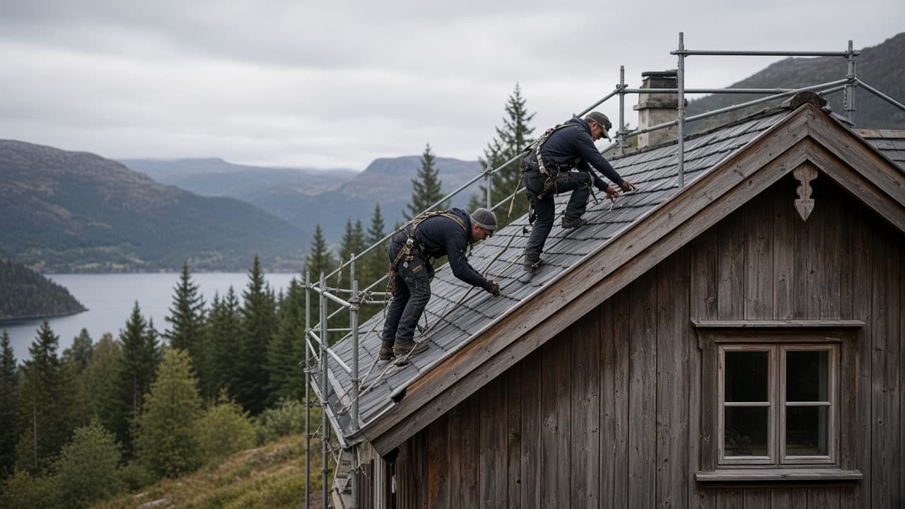 To taktekkere legger takstein på et trehus, med stillas langs takfoten og fjorden i bakgrunnen